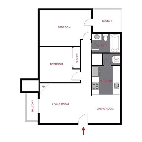 Floor plan for 2 beds, 1 bath, 850 sqft
